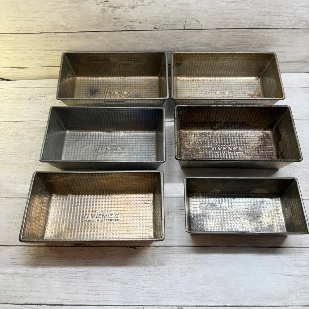Vintage Ovenex Tin Loaf Pan Set 6pc Waffle Texture Ekco No 7 No 2 Silver Rust